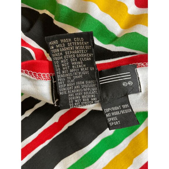 VTG 1991 Spree Sport Rainbow Stripe Sequin Top Black Cotton T-Shirt SZ M - Picture 7 of 9